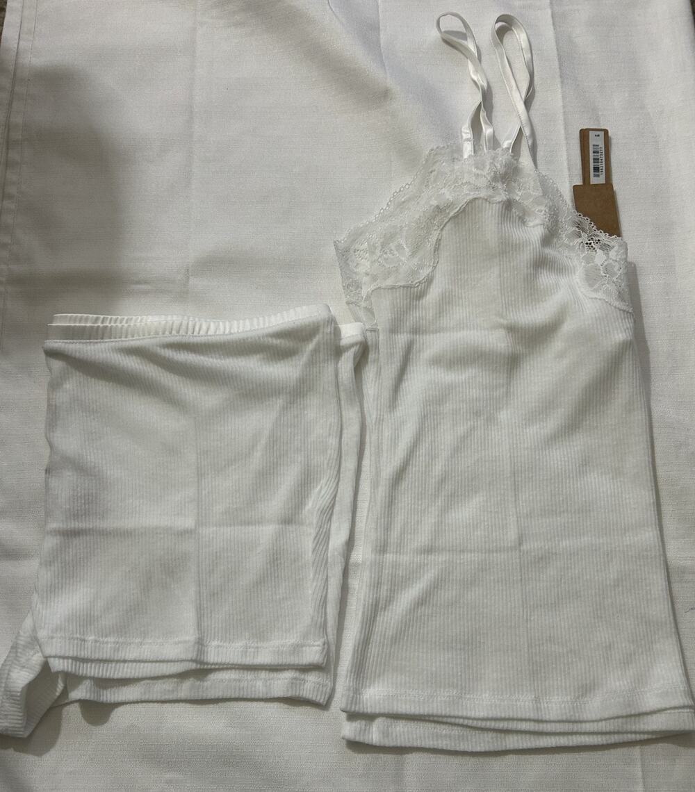 Skims NWT Sheer Ribbed Cotton Lace Cami & Short Sleep Set Snow Size Large